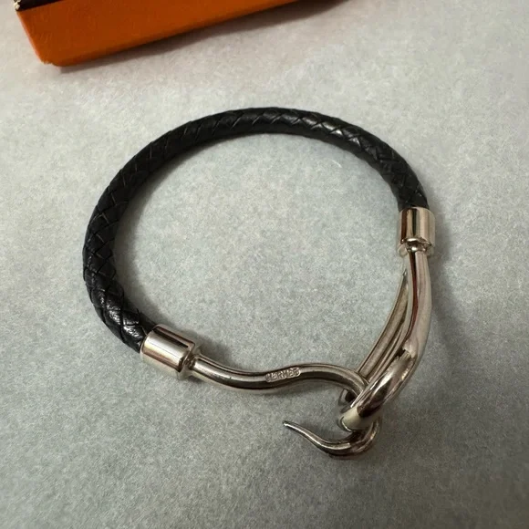 Hermès AUTHENTIC Silver & Black Leather Jumbo Hook Braided Tour Bracelet. - Picture 9 of 16